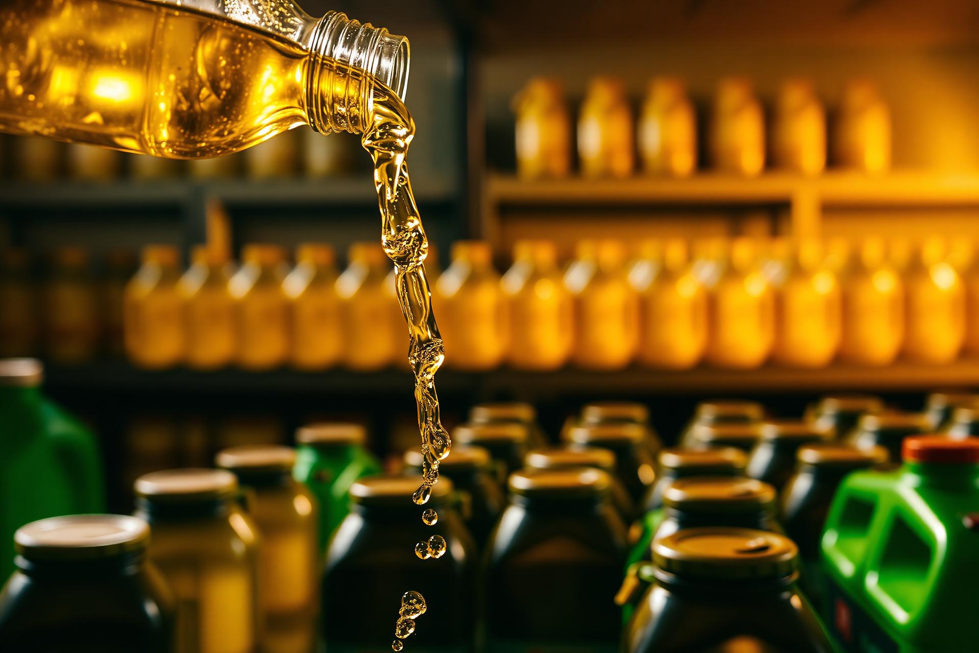 Golden cooking oil pouring into bottles